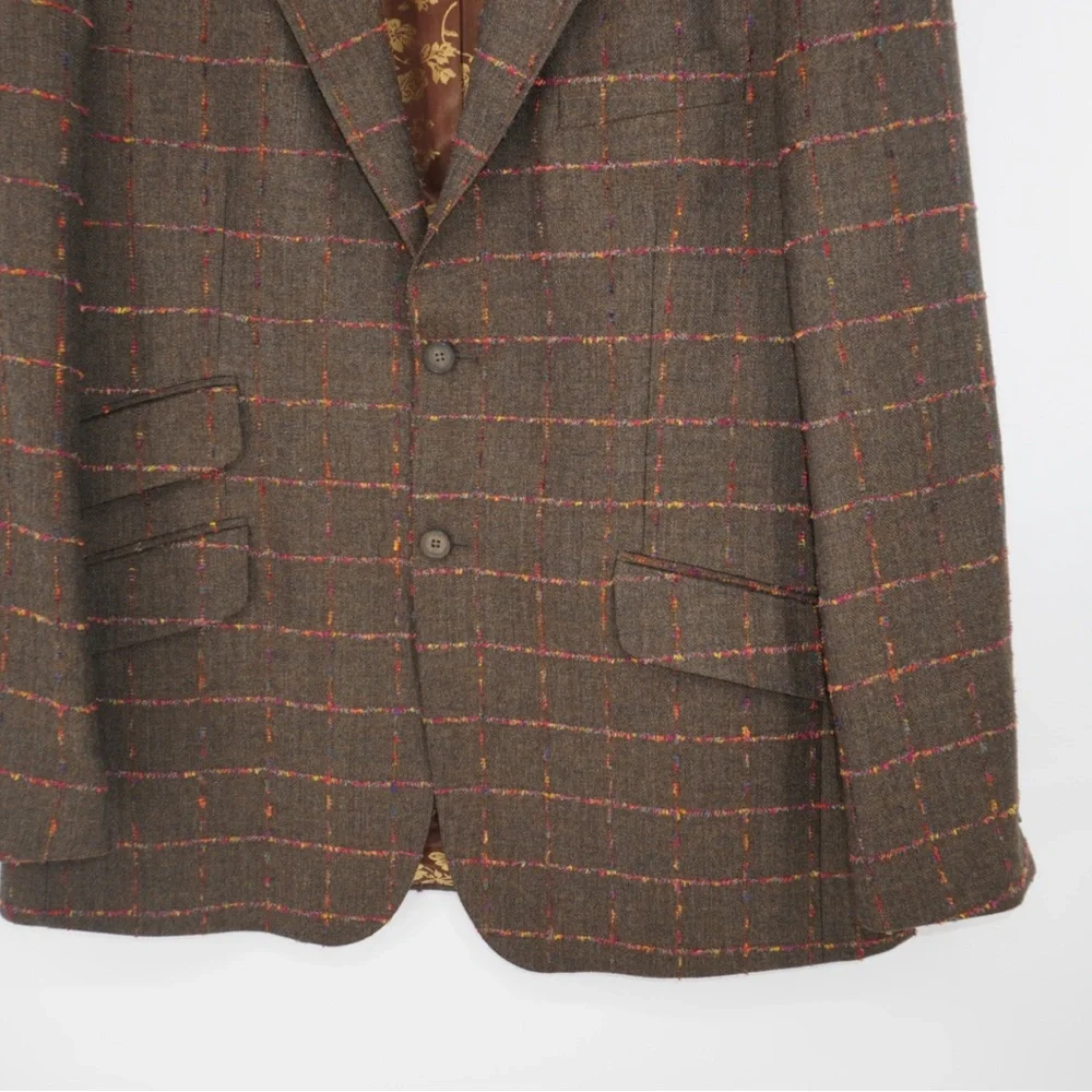 TED BAKER Brown Fuchsia Window Pane 100% Wool Sport Coat Velvet Elbow Collar 46R